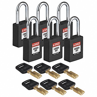 BRADY NYLBLK38STKA6PK Lockout Padlock Nylon Blk 6 Keys PK6