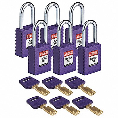BRADY NYLPRP38STKD6PK Lockout Padlock Nylon 1/2 W Purple PK6