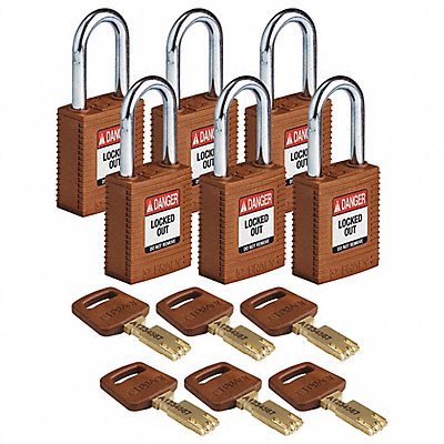 BRADY NYLBRN38STKA6PK Lockout Padlock Nylon Brn 6 Keys PK6