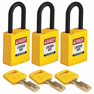 BRADY NYLYellow38PLKA3PK Lockout Padlock Nylon Yellow 1-13/16 H PK3