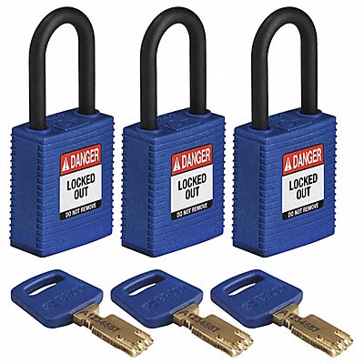 BRADY NYLBLU38PLKA3PK Lockout Padlock Nylon Bl 1-13/16 H PK3