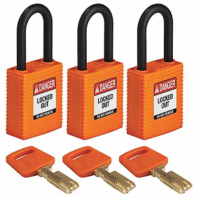 BRADY NYLORG38PLKA3PK Lockout Padlock Nylon Org 1-13/16 H PK3