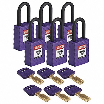 BRADY NYLPRP38PLKD6PK Lockout Padlock Nylon Purple 6 Pins PK6