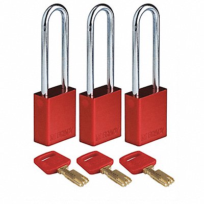 BRADY ALURED76STKA3PK K7474 Lockout Padlock Alum. Red Key Alike PK3