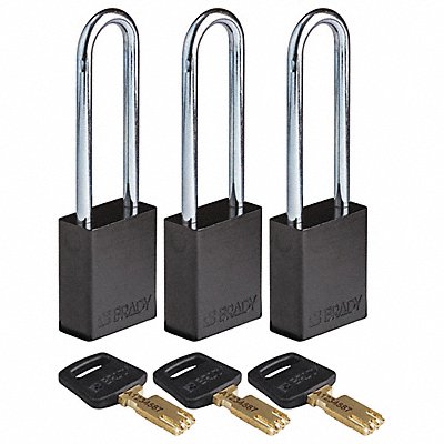 BRADY ALUBLK76STKA3PK K7474 Lockout Padlock Al 1/4 W Black PK3