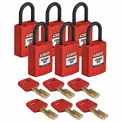 BRADY CPTRED25PLKA6PK K7460 Lockout Padlock Nylon 1/4 W Red PK6