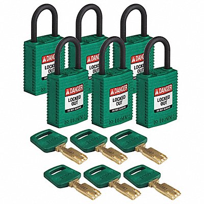 BRADY CPTGRN25PLKA6PK K7460 Lockout Padlock Nylon 1/4 W Grn PK6
