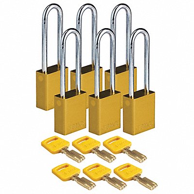 BRADY ALUYellow76STKA6PK K7475 Lockout Padlock Yellow 1-1/2 W Body PK6