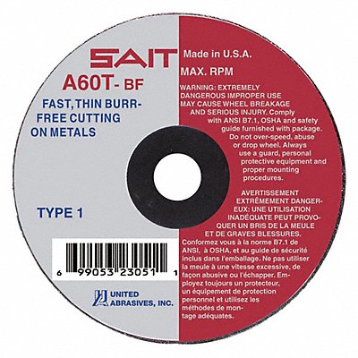 UNITED ABRASIVES-SAIT 23043 Abrasive Cut Off Wheel 1/4 Connect. A60T