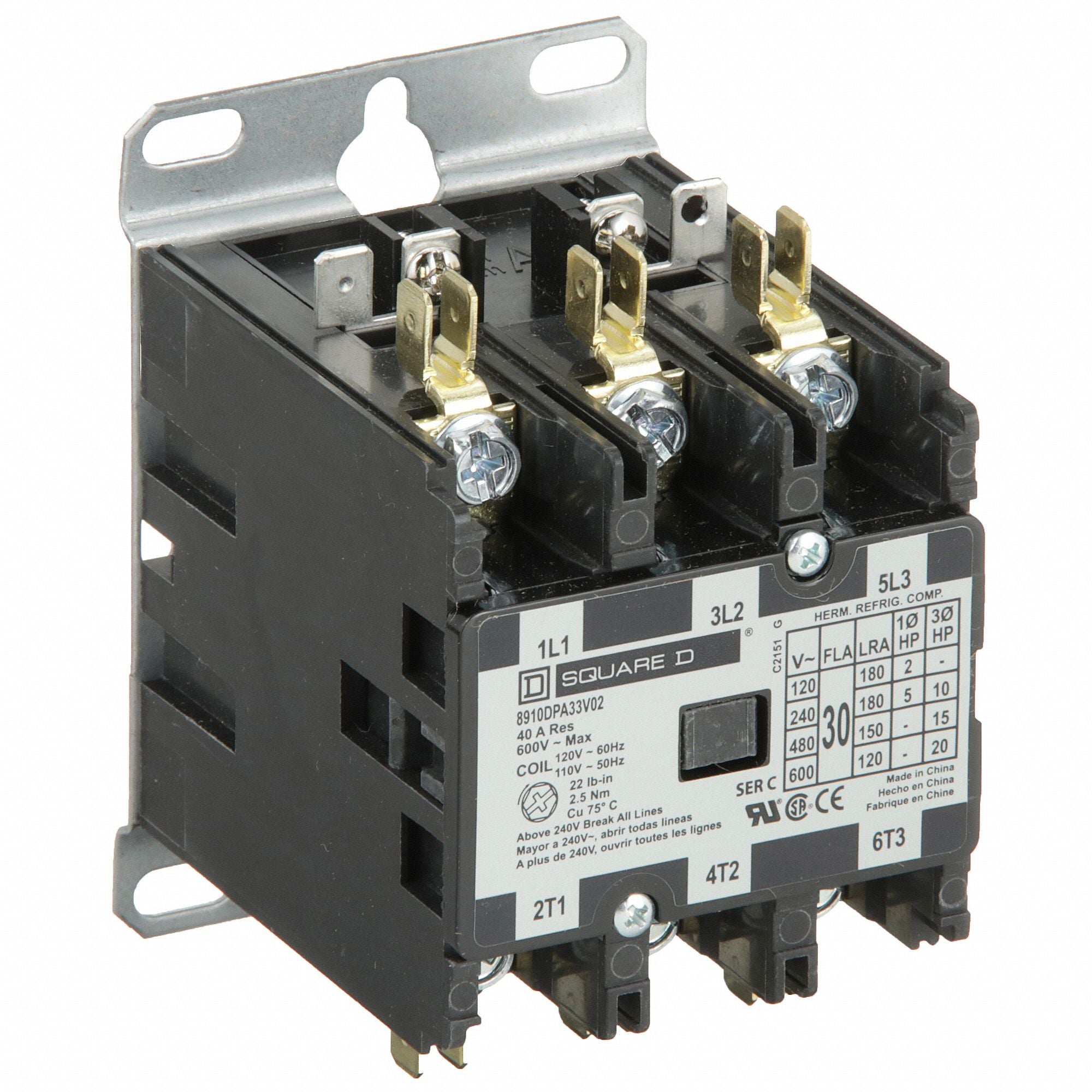 SQUARE D 8910DPA33V02 H2654 Definite Purpose Contactor 110/120VAC 3P 30A
