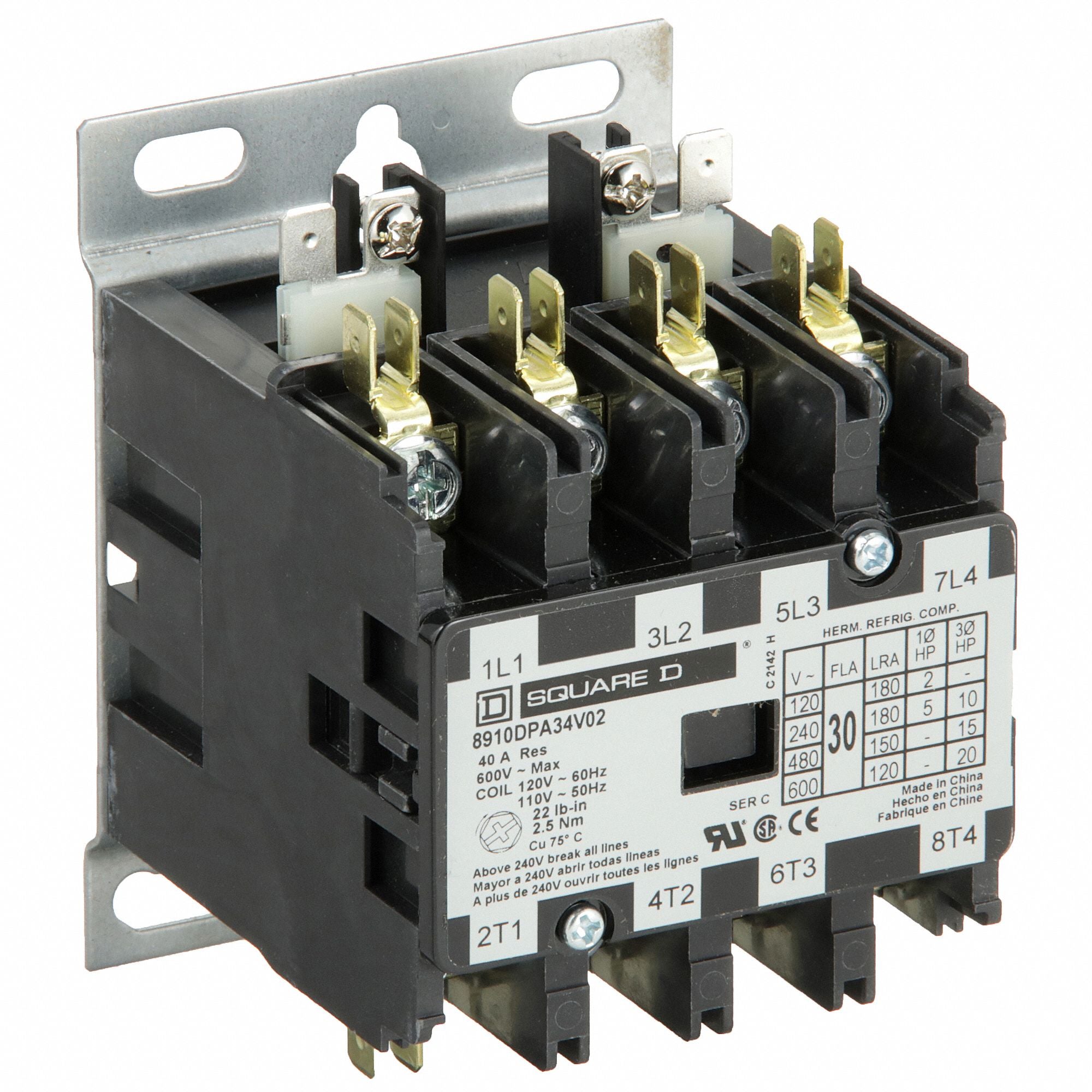 SQUARE D 8910DPA34V02 H2658 Definite Purpose Contactor 110/120VAC 4P 30A