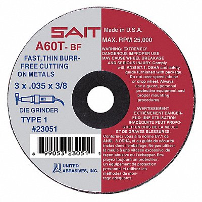 UNITED ABRASIVES-SAIT 23053 Abrasive Cut Off Wheel 1/4 Connect. A60T