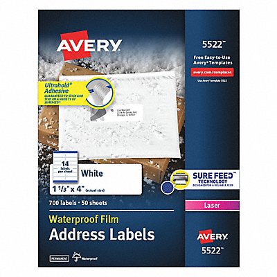 AVERY 727825522 Laser Label 1-1/3 H 4 W PK50