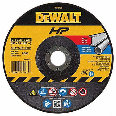 DEWALT DW8756 Depressed Centre Cut Off Wheel 7/8 CN Unthreaded Hole