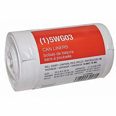 GRAINGER 5WG03 Garbage Bags 11 to 13 gal White PK50