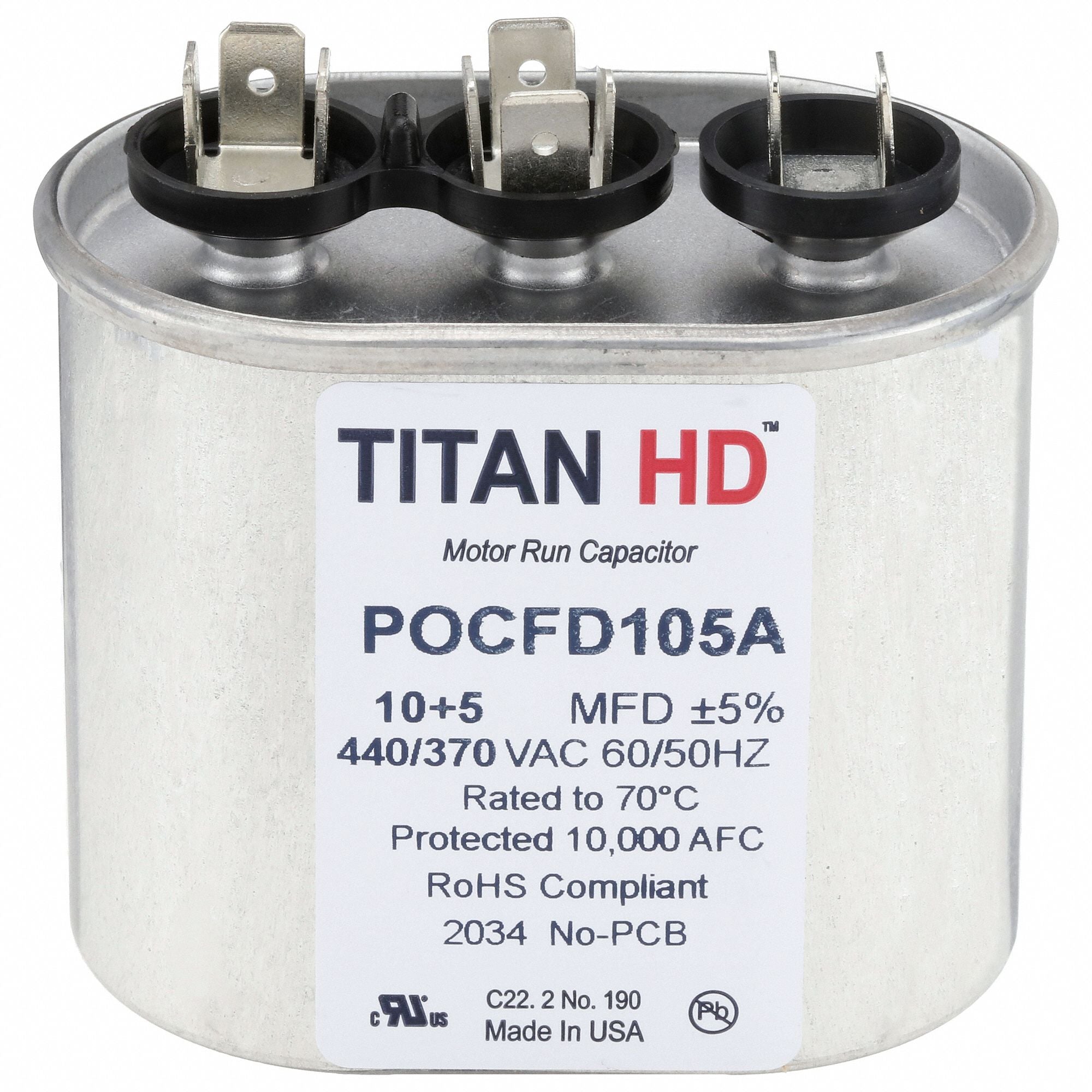 TITAN HD POCFD105A Oval Motor Dual Run Capacitor 440-370VAC