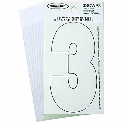 HARDLINE PRODUCTS 3SCWP3 Number 3 Decal 3 White Vinyl PK10