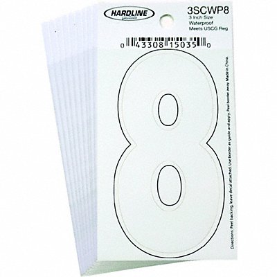 HARDLINE PRODUCTS 3SCWP8 Number 8 Decal 3 White Vinyl PK10