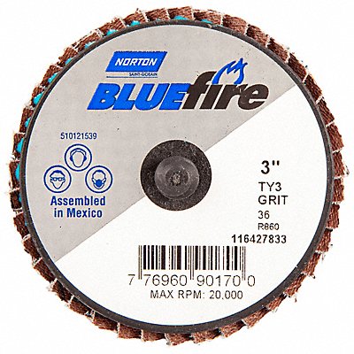 NORTON 77696090170 J5078 Flap Disc 3 in Dia P36 Grit Type 27