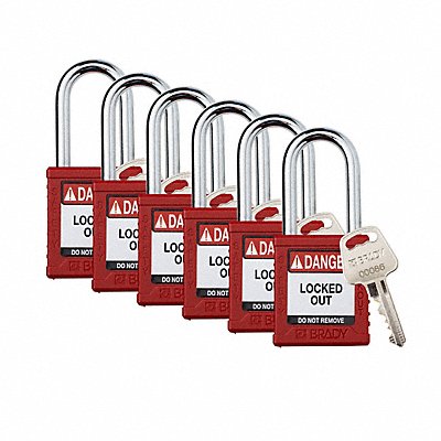 BRADY SDPLRED38STKA6 Padlock 6 Pins Red PK6