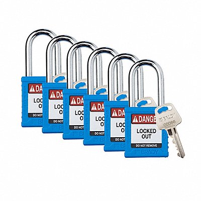 BRADY SDPLBLU38STKD6 Padlock 6 Pins Blue PK6
