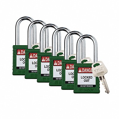 BRADY SDPLGRN38STKD6 Padlock 6 Pins Green PK6