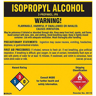 BRADY 26119LS Chemical Label 5 in H 5 in W PK25
