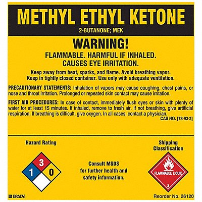 BRADY 26120LS Chemical Label 5 in H 5 in W PK25