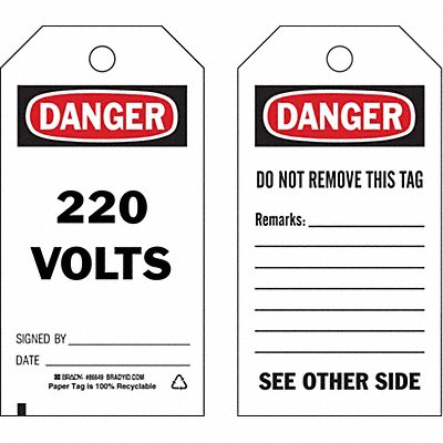 BRADY 86649 Danger Tag 5 3/4in H 3in W Crdstck PK100