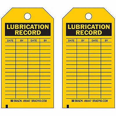 BRADY 86447 Lubrication Rcd Tag 5-3/4 x 3 In PK10