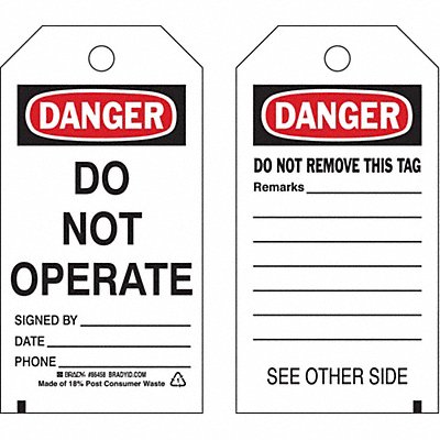 BRADY 86458 Danger Tag 5-3/4 x 3 In 3/8 In PK10