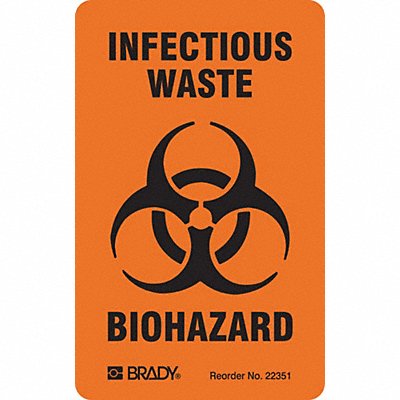BRADY 22351LS Biohazard Lbl 3inx1 17/20in Paper PK100