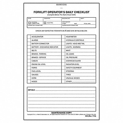 J.J. KELLER  ASSOCIATES 955 Forklift Inspection Book White 5 1/2 W