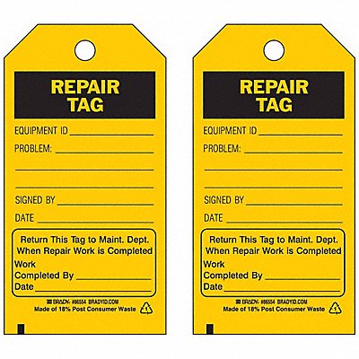BRADY 86434 Rpr Tag 5-3/4 x 3 In Bk/Yel 3/8 In PK10