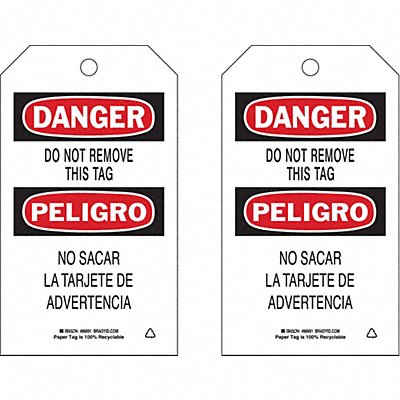 BRADY 86691 Danger Bilingual Tag 7in H 4in W PK100