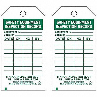 BRADY 86557 Saf Eapt Inspection Rcd Tag Grn/Wht PK10