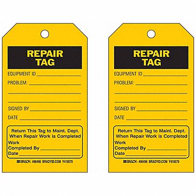 BRADY 86496 Rpr Tag 7 x 4 In Bk/Yel Hd Polyest PK10