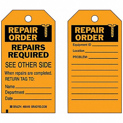 BRADY 86449 Rpr Ord Tag 5-3/4 x 3 In Bk/Orn Brs PK10