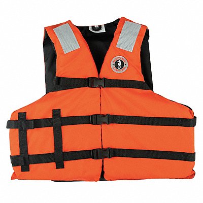 Orange life vest with black straps on a white background
