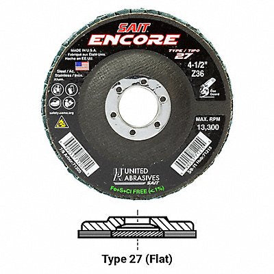 UNITED ABRASIVES-SAIT 71205 Flap Disc 4-1/2 in 36 Grit Zirconium