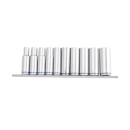 Kincrome K2181 Deep Socket Rail 10 Piece 1/2" Drive (Mirror Polish) - Metric