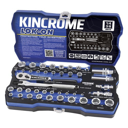 Kincrome K27031 LOK-ON Socket Set 44 Piece 1/4" & 3/8" Drive - Metric & Imperial