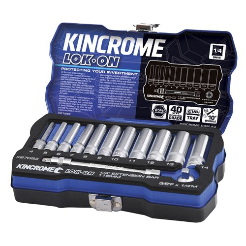Kincrome K27053 LOK-ON Socket & Extension Set 13 Piece 1/4" Drive - Metric