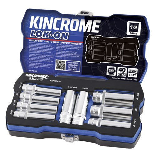 Kincrome K27059 LOK-ON Socket Set 9 Piece 1/2" Drive - Imperial