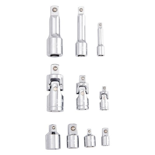 Kincrome K2969 Socket Accessory Set 1/4", 3/8"? & 1/2" Drive 10 Piece (Mirror Polish)