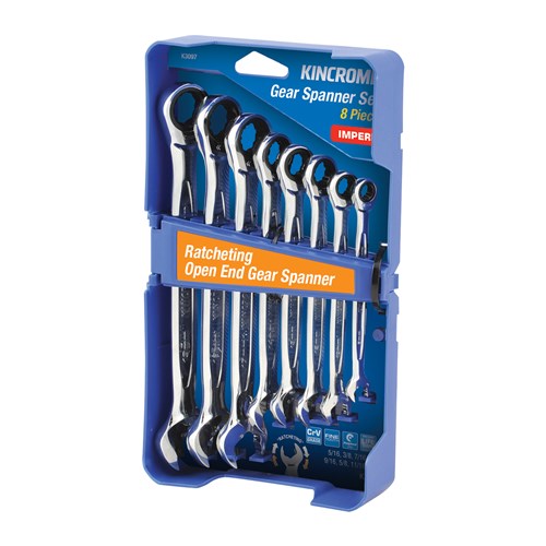 Kincrome K3097 Ratcheting Open End Gear Spanner Set 8 Piece - Imperial