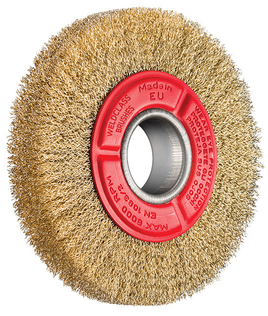 Weldclass wire brush wheel with red housing on a white background