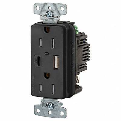 HUBBELL USB15ACPDBK USB Receptacle Black 1/2 hp