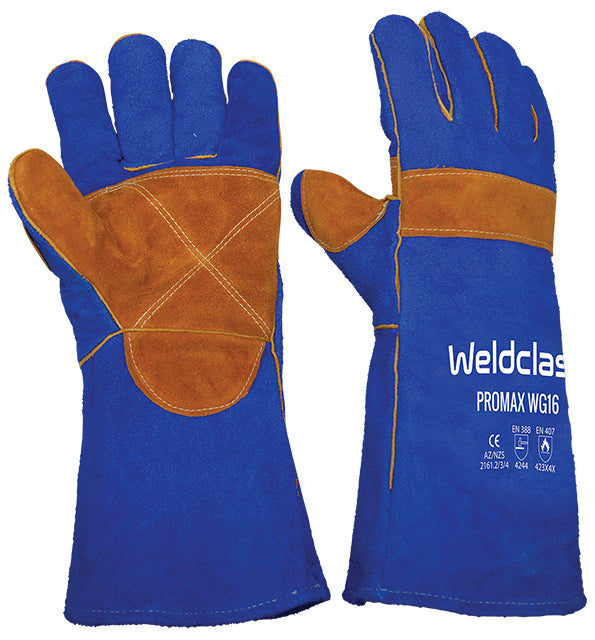 Pair of blue welding gloves with brown leather patches on a white background