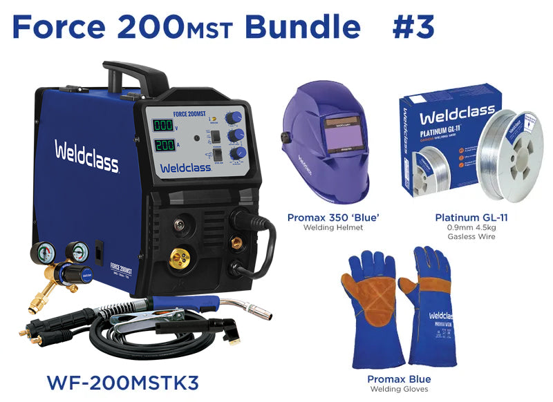 Weldclass WF-200MSTK3 Welder MIG/Stick/TIG FORCE 200MST Bundle with Gasless Wire, Helmet, Gloves